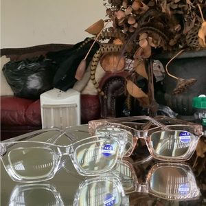 2 pairs of blue light filter pink and clear wayfarer reading glasses +4.0